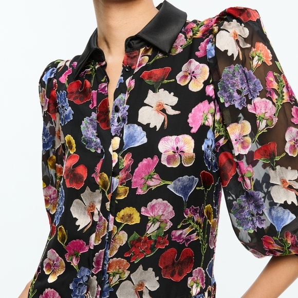 Alice + Olivia Multicolor Floral Long Sleeve BERTHA MINI SHIRT DRESS - Picture 3 of 12